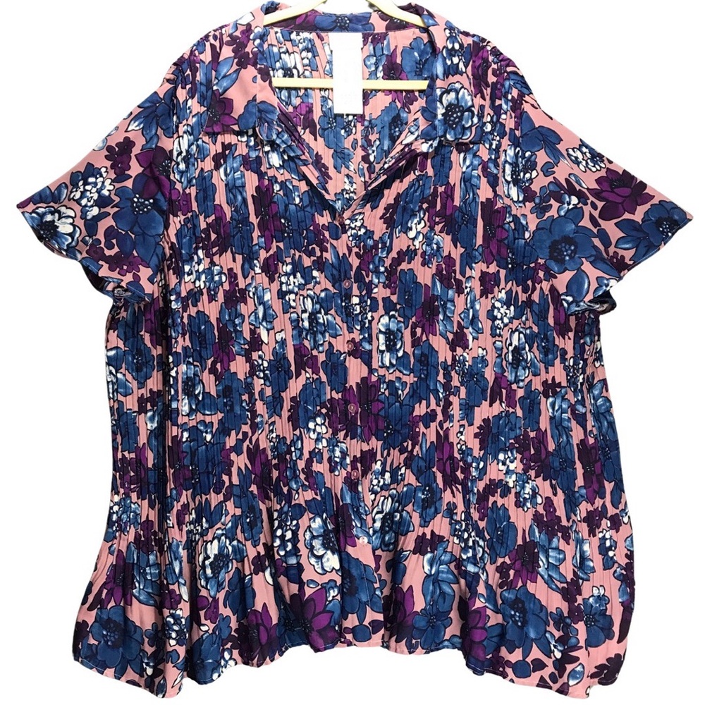 Floral Pleated Women's Plus 5X Blue Purple Blouse Short Sleeve Top